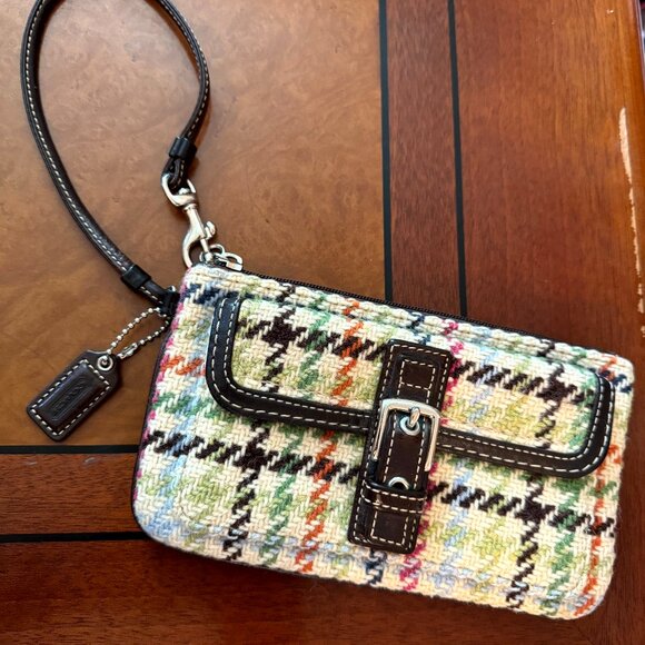 VTG Coach Tattersall Houndstooth Wool Tweed Wristlet Multicolor Leather Trim Bag - Picture 1 of 11
